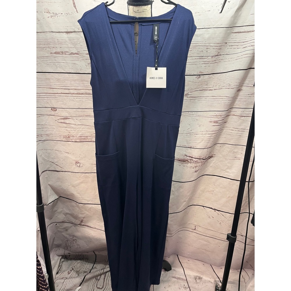 Agnes & Dora Navy Blue V-Neck Straight Leg Jumpsuit Sleeveless Pockets XL NEW